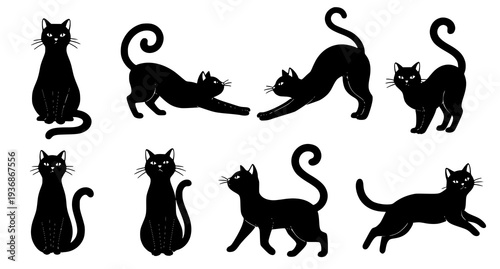A set of black cat silhouettes in various poses and designs