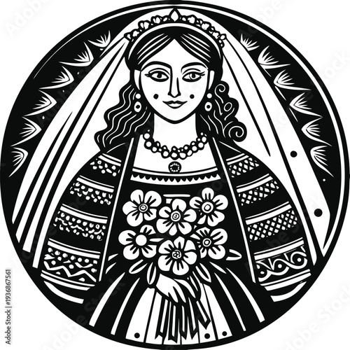 Vector illustration of a bride in a circular frame
