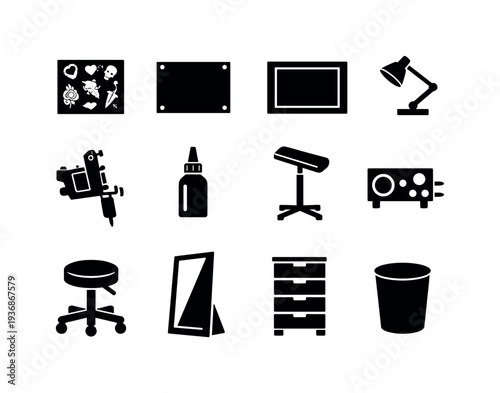 Collection of black icons representing tattoo studio equipment and supplies