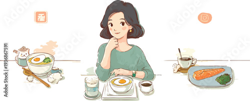 Girl enjoying breakfast with a cat and Easter eggs at home