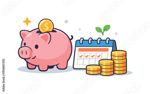 Cute piggy bank with coins, calendar, and growing plant symbolizing financial growth and savings