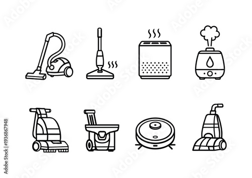Collection of line art icons representing various cleaning and air treatment appliances