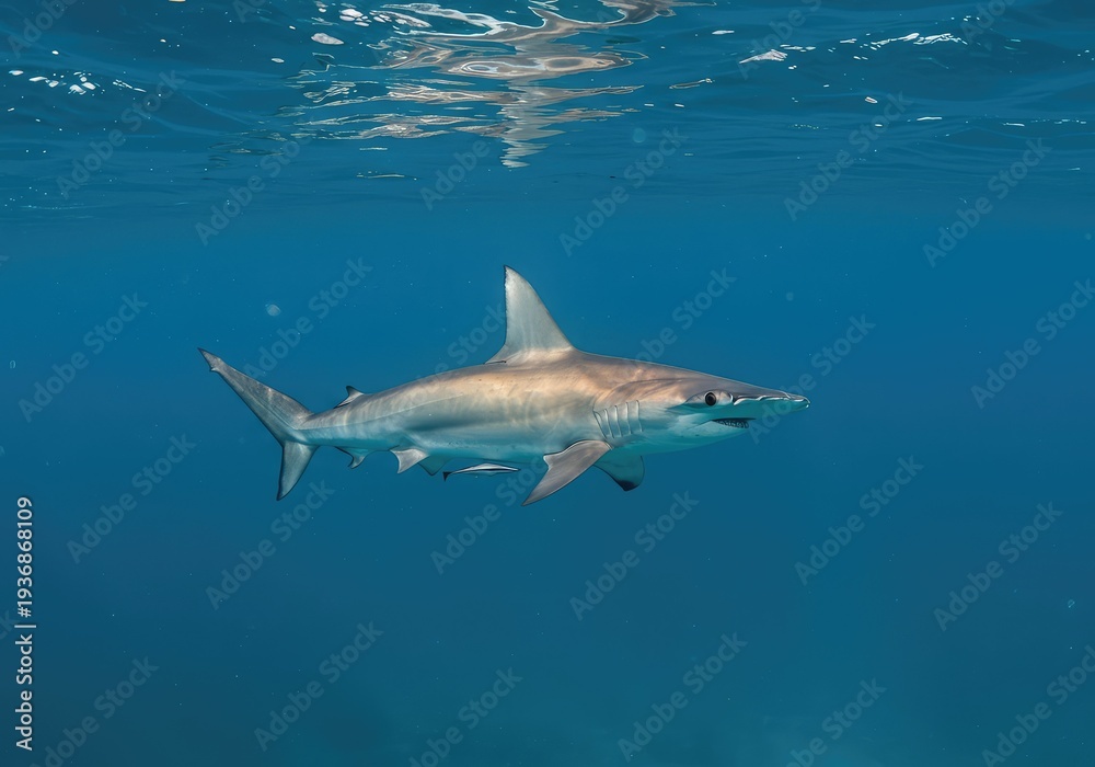 Obraz premium A magnificent great hammerhead shark swims gracefully through the clear, deep blue tropical ocean water, displaying its distinctive cephalofoil ,ecosystem ,grace ,danger