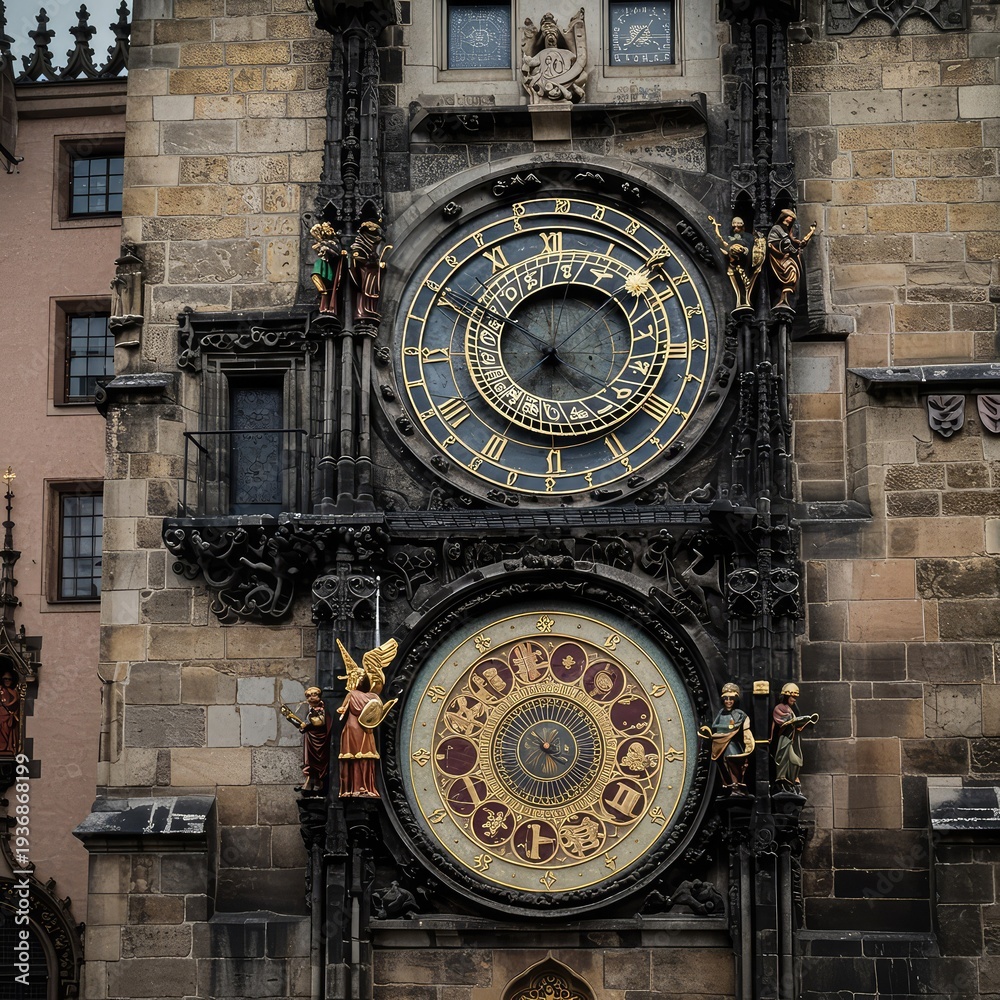 Obraz premium A massive, ornate gothic clock tower dominating the skyline, featuring detailed stone carving and four large faces displaying the current time ,classic ,precise ,tall