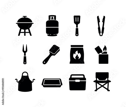 Collection of black barbecue and grilling icons on a white background