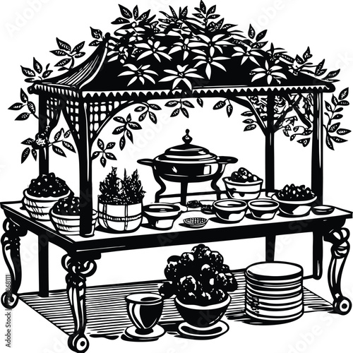 Vector illustration of a buffet table under a gazebo