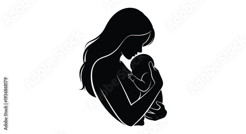 A silhouette of a mother tenderly cradling and holding her newborn baby in her arms