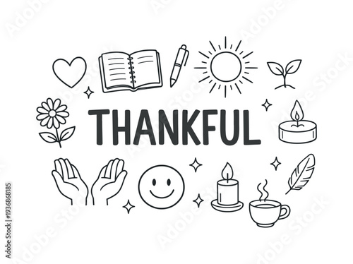 Thankful handwritten text surrounded by positive symbols and icons