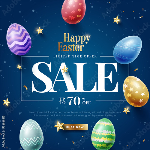 Easter sale clipart poster design. Happy easter sale text with egg, colorful eggs for holiday shopping discount. Happy Easter Day Sale banner design.