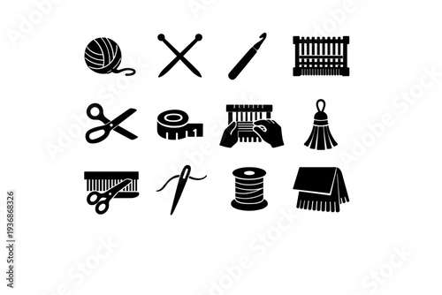 Blanket Fringe Craft. Solid icon set of Blanket Fringe Craft: yarn ball, knitting needles, crochet hook, loom, scissors, measuring tape, hand weaving, tassel