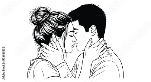 A black and white illustration depicts a couple intimately embracing in a close kiss high quality