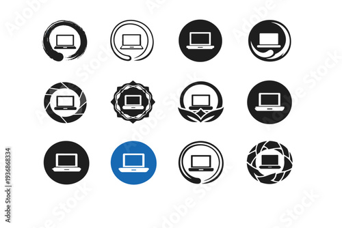 Mindfulness at work. Icon set. Set Logo of Mindfulness at work: zen circle with laptop. harmonious logo variations of the same emblematic concept, each with