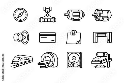 Magnetic Uses. Line icon set of Magnetic Uses: compass navigation, magnetic crane, electric motor, generator turbine, loudspeaker magnet, credit card stripe,
