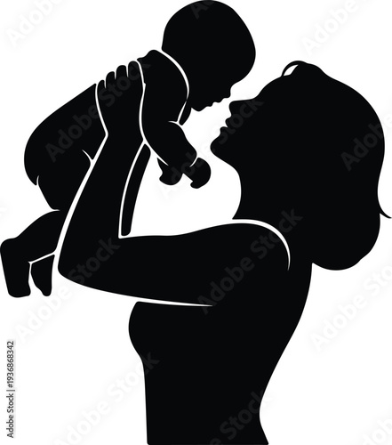 Vector mother holding her infant baby up in the air silhouette design