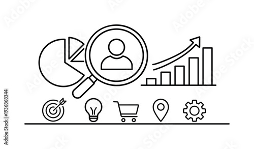 Business analytics icons representing growth, customer research, and strategy development