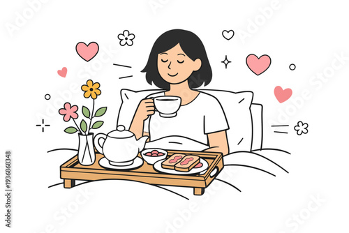 Mother?s Day slow morning routines. A calm editorial scene showing a mother enjoying a peaceful breakfast in bed with a tray of tea, toast, and flowers,