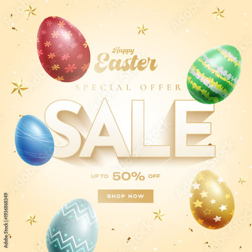 Easter sale clipart poster design. Happy easter sale text with egg, colorful eggs for holiday shopping discount. Happy Easter Day Sale banner design.