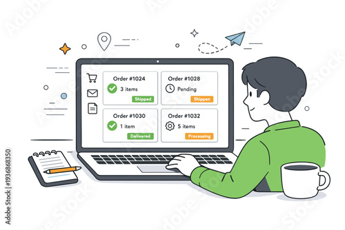 Managing online orders. A person reviewing multiple order cards on a laptop screen, showing organization and control over purchases. Focused work atmosphere
