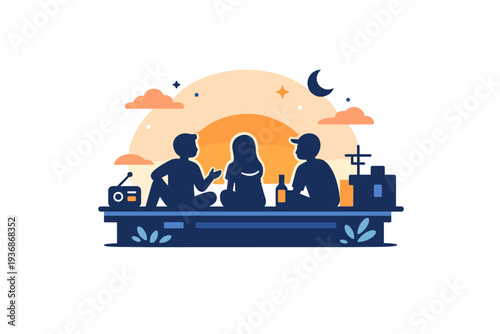 Rooftop sunset hangouts portrayed through a peaceful scene of silhouettes and warm light, evoking friendship, openness, and emotional recharge at the end of