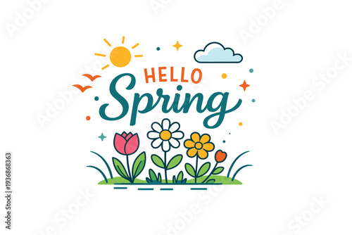 Hello Spring concept cheerful seasonal greeting with blooming flowers, soft sunlight, and gentle motion, expressing welcome, optimism, and fresh beginnings.
