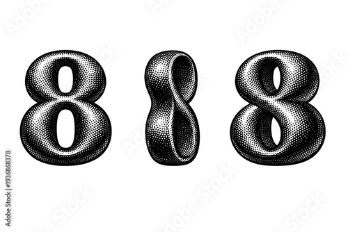 Typographic numeral illustrated as a single number object presented in three views: front view, side view, and three-quarter view highlighting curves and