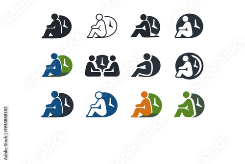 Long wait in clinic. Icon set. Set Logo of Long wait in clinic: person with clock shadow. harmonious logo variations of the same emblematic concept, each with