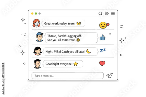 Workday wrap-up rituals. A team exchanges brief friendly messages or reactions in a chat window before signing off, highlighting a warm end-of-day routine. The