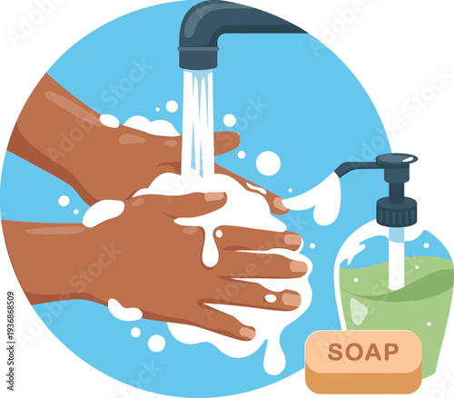 Flat vector illustration of hands being washed with soap and water under a tap for personal hygiene health safety and virus prevention concepts.