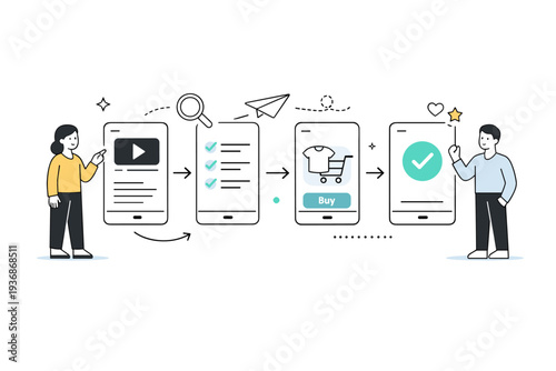 User experience. Abstract flow of screens connected by arrows and motion lines, representing a smooth user journey. Quiet, confident editorial tone with strong