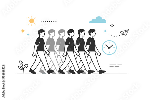 Time passing concepts. Person walking slowly through an open space, repeated silhouettes suggesting moments blending together. Steady rhythm and continuity of