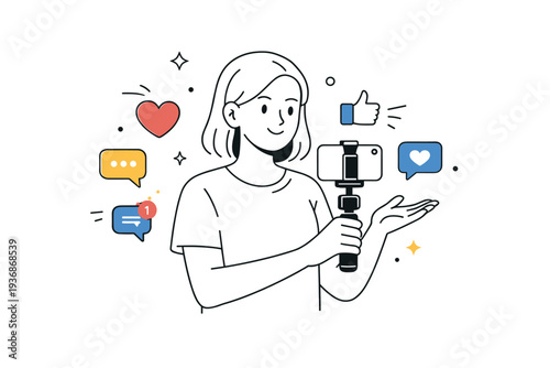 Influencer marketing visuals. A content creator holding a smartphone and filming a short video, calm and confident online presence. Floating hearts, likes, and