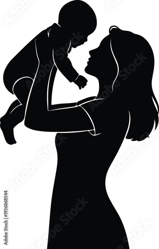 Vector mother holding her newborn baby high with love silhouette design