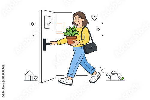 Women carrying plants instead of bouquets. A woman enters a building holding a plant instead of flowers, everyday outfit and natural posture. Subtle symbolism