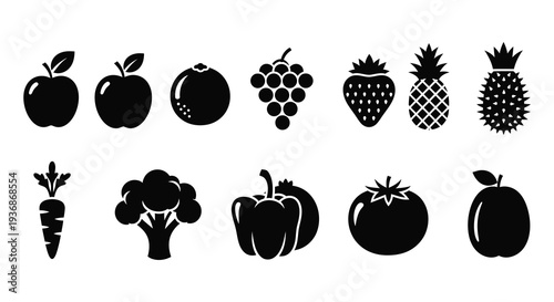 Black silhouette icons depicting a variety of fresh fruits and vegetables high quality professional detailed modern