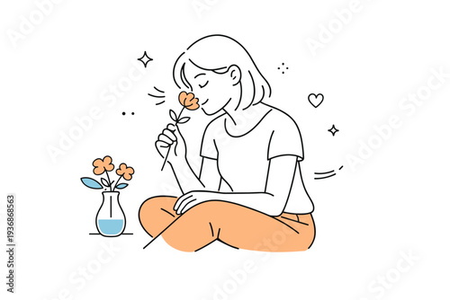 Women smelling flowers. A seated woman leans slightly forward, bringing a single flower closer to her face. Intimate pause, soft focus on scent and feeling.