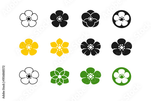 Buttercup. Icon set. Set Logo of Buttercup: Top view of buttercup bloom. harmonious logo variations of the same emblematic concept (Minimal outline, Filled