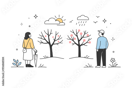 Seasonal transition. People observing trees with minimal blossoms and light rain symbols. Calm scene representing change, balance, and natural