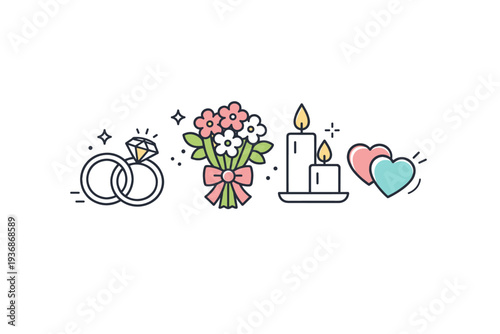 Wedding ceremony symbols. Minimal icons of rings, bouquet, candles, and hearts grouped together. Symbolic celebration, love and unity, clean visual
