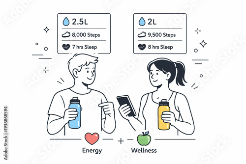 Hydration and wellness tracking. Two people compare daily wellness stats, holding bottles and smiling lightly. Friendly motivation and shared healthy habits.