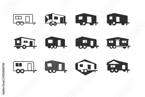 Temporary site office trailer. Icon set. Set Logo of Temporary site office trailer: site office with wheels. harmonious logo variations of the same emblematic