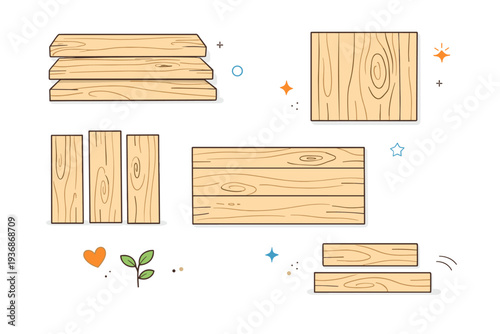 Natural wood textures. Simplified planks and panels showing gentle grain variation, arranged with generous white space. Calm focus on craftsmanship and