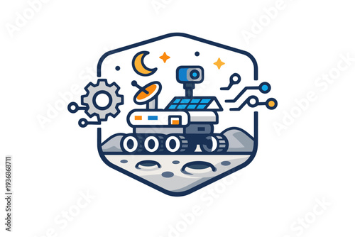 Moon rover future technology representing robotic innovation and remote exploration. A badge-style composition featuring a rover paired with simple circuit or
