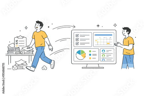 Moving from manual to automated work. A worker steps away from repetitive paperwork while a simple automated dashboard organizes tasks. Feeling of relief and