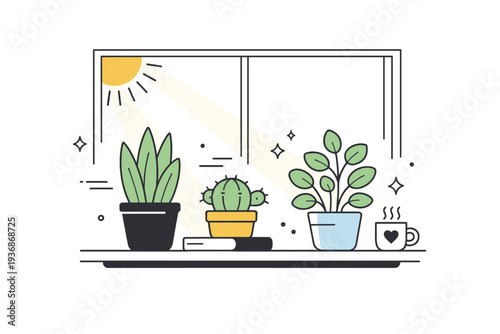 Plants brought back to windowsills with morning light. Sunlight touches leaves and pots as plants return indoors, creating a soft rhythm of shadows and calm.