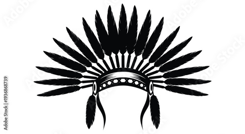 A striking black and white illustration of a traditional native american feathered headdress high quality professional