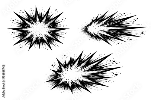 Comic radial explosion blast object shown in three views including front view, side view, and three-quarter view emphasizing outward motion and layered spikes.