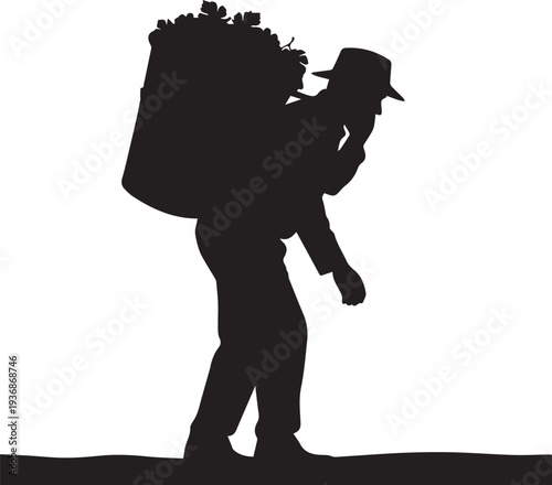 Hardworking farmer carrying heavy harvest basket vector silhouette illustration and line art