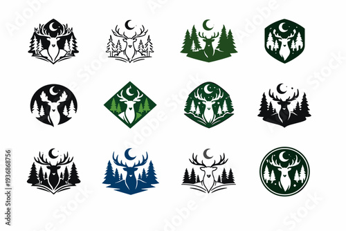 Magical forests. Icon set. Set Logo of Magical forests: spirit animal deer. harmonious logo variations of the same emblematic concept, each with different