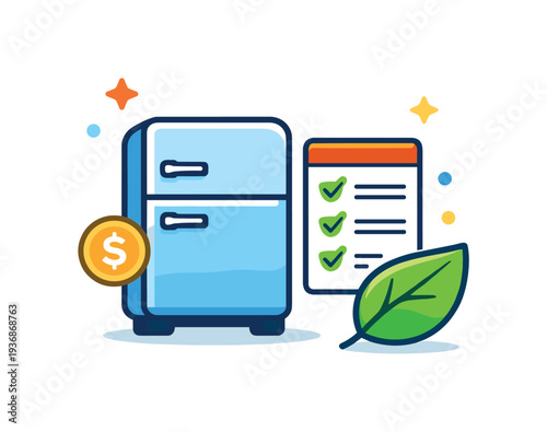 Eco-friendly refrigerator with checklist and coin for savings and sustainability