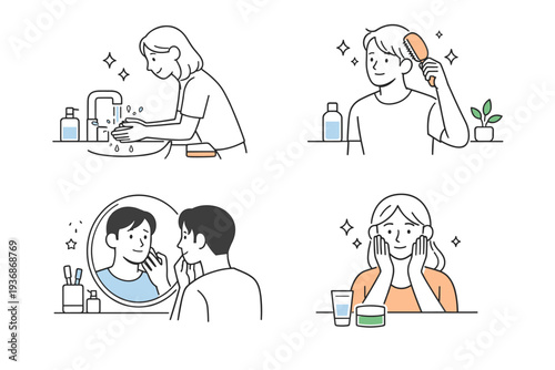 Morning routine fragments in the bathroom. Simple moments like washing hands, brushing hair, or looking in the mirror appear calm and understated. The mood is